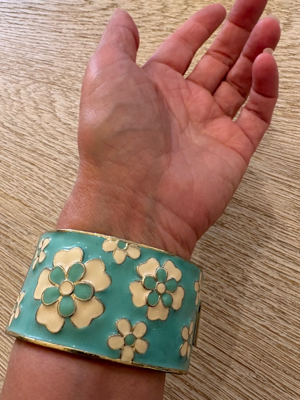 Turquoise Floral Enamel Cuff Bracelet With Latch Gold Tone